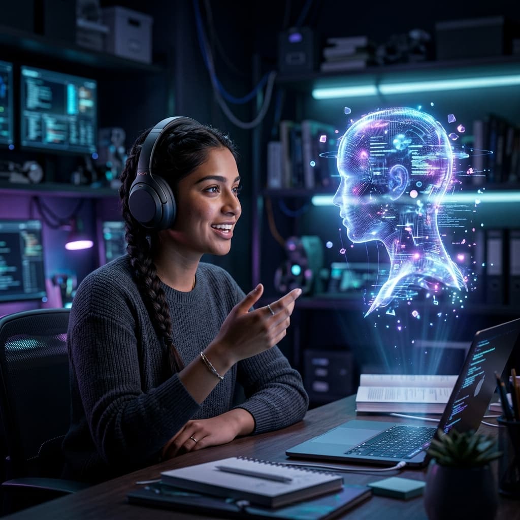 Human interacting with AI character